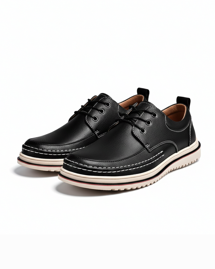 Men's classic black leather moc-toe Derby shoes, side view, for formal or casual wear.