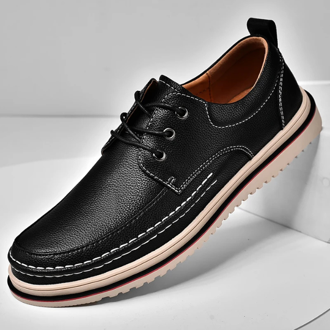 Close-up of the moc-toe stitching on a men's classic black Derby shoe, high-quality leather.