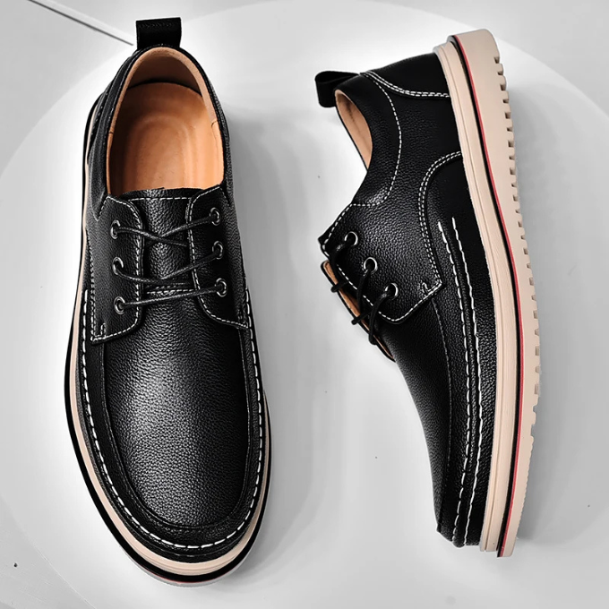 Pair of men's dark brown leather Derby shoes, moc-toe design, perfect for business casual.