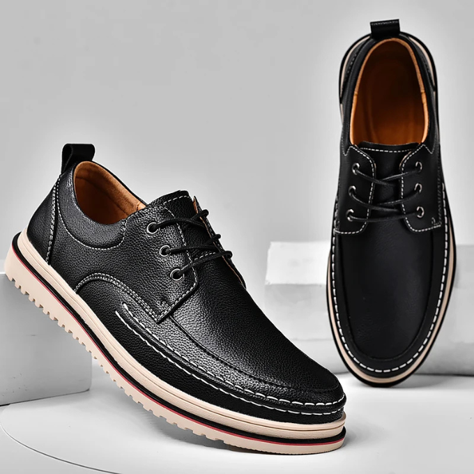 Men's black leather Derby shoes with a distinctive moc-toe, showcasing the full shoe length.