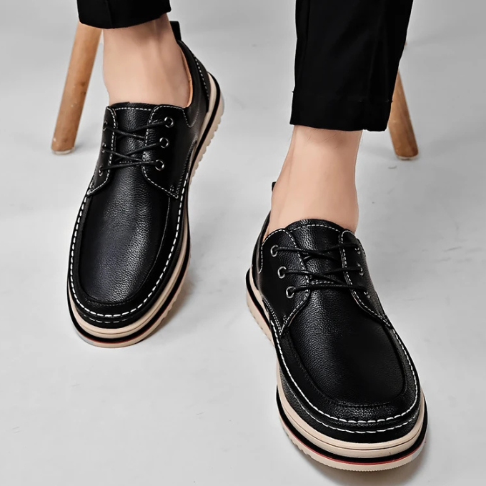 Bottom view of men's classic dark brown moc-toe Derby shoes, highlighting the sole texture.