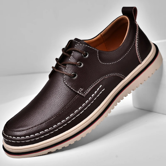 Men's leather moc-toe Derby shoes in dark brown, angled shot, ideal for men's fashion.