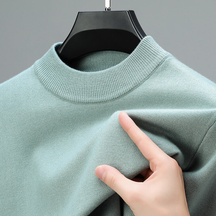 Mens knitwear: a classic mock neck pullover sweater, essential long sleeve for comfortable fall/winter apparel.