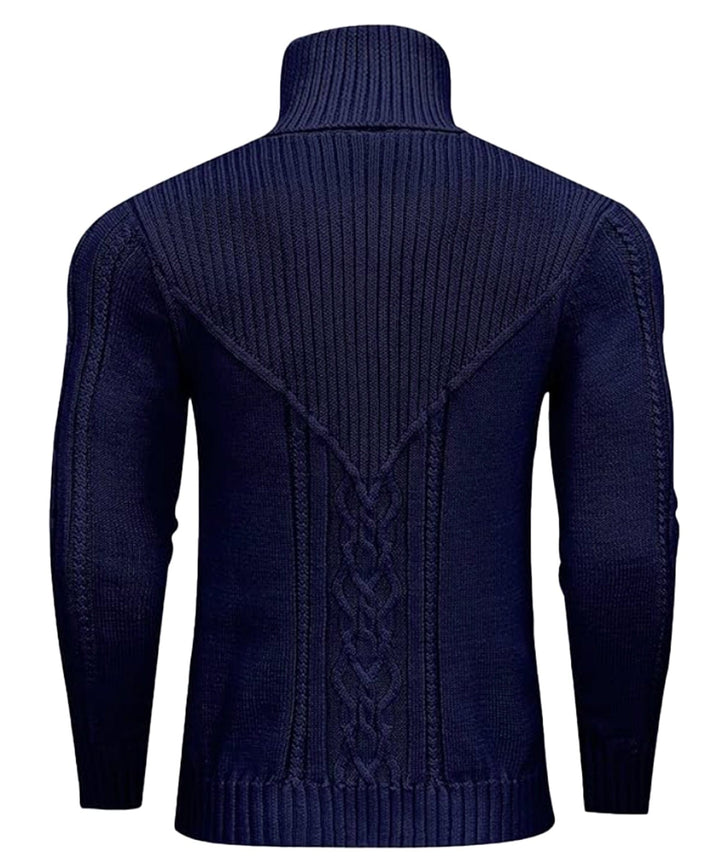 Front view of a men's classic polyester turtleneck sweater showcasing its snug fit.