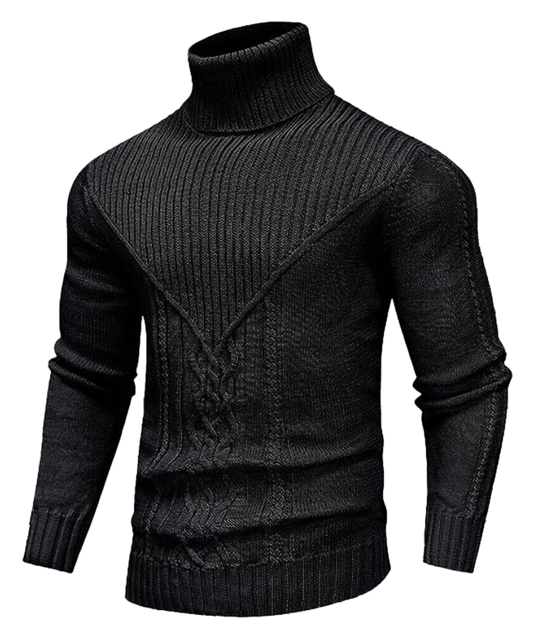 Close-up of the textured knit of a men's classic polyester turtleneck sweater.