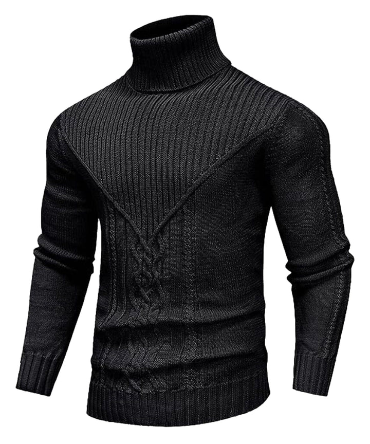 Close-up of the textured knit of a men's classic polyester turtleneck sweater.