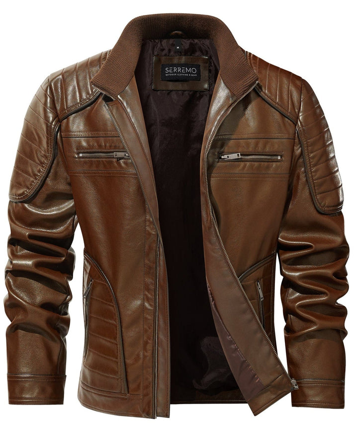 Men's classic black PU leather cafe racer jacket with front zipper closure, moto style outerwear
