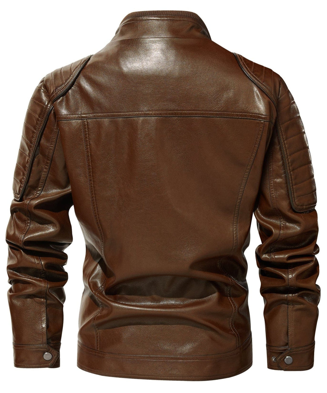 Durable men's black PU leather jacket, all-season moto style, close-up of texture and zipper