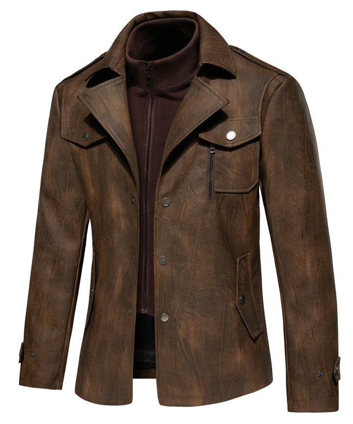 Stylish men's faux leather drifter jacket in a rich brown hue, designed for versatile outdoor adventures.
