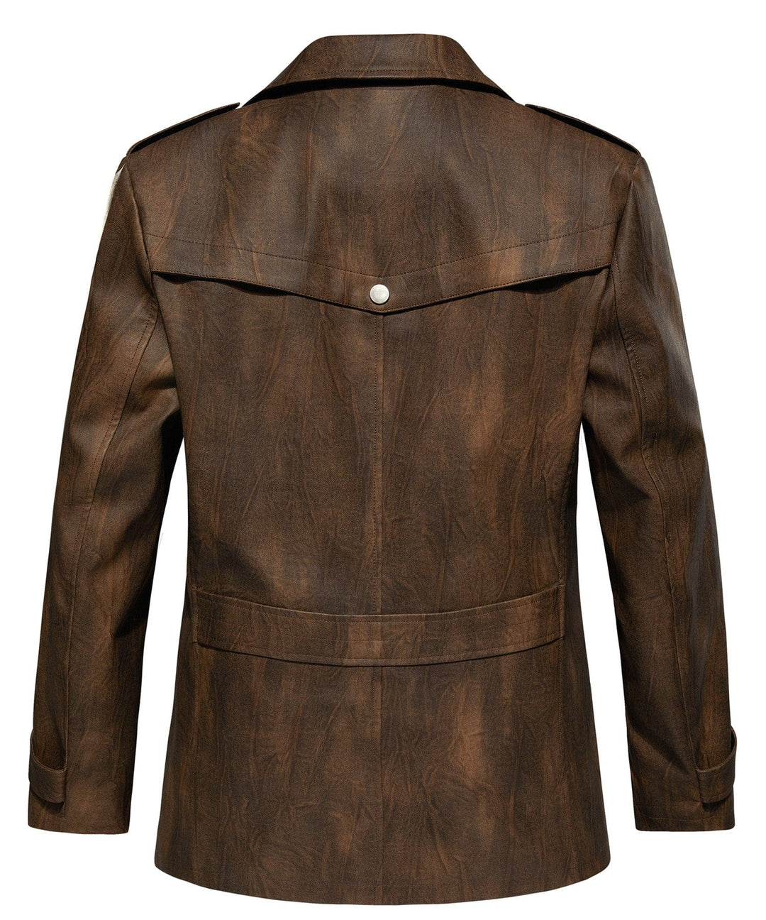 Close-up of the textured PU leather on a men's classic drifter jacket, showcasing quality and style.