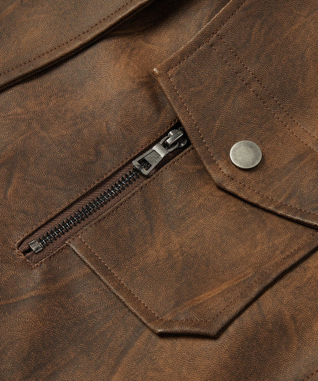 Side profile of a men's versatile faux leather jacket, featuring a classic drifter design, great for any season.