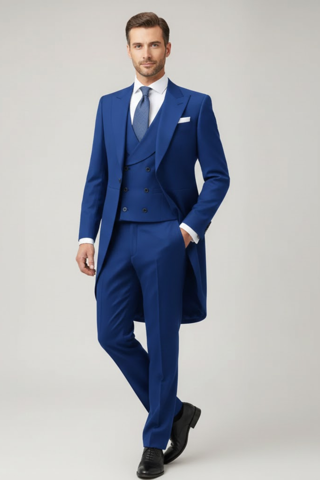 Elegant men's tailcoat suit, featuring a classic black fabric, peak lapels, and a crisp white shirt for formal events.
