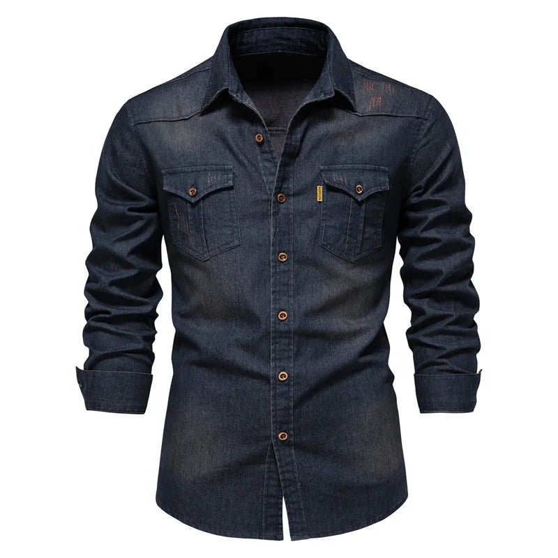 Men's classic blue denim button-up shirt, long sleeve, casual style