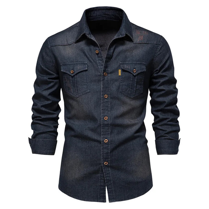 Men's classic blue denim button-up shirt, long sleeve, casual style