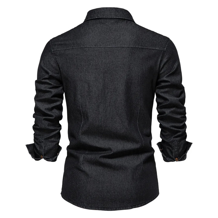 Classic men's denim button-up shirt in a timeless blue wash, long sleeves
