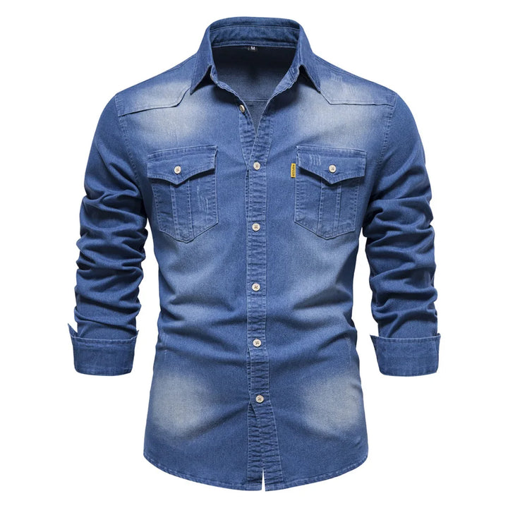 Men's casual long sleeve blue denim shirt, button-up closure for comfort