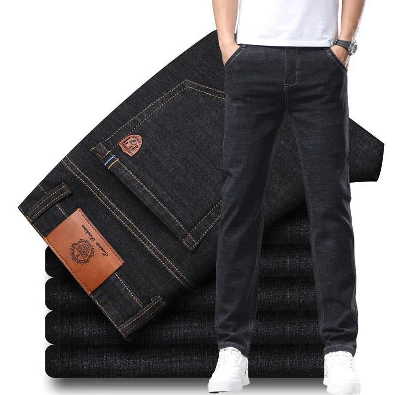 Men's classic blue premium cotton denim jeans, structured fit, essential casual wear