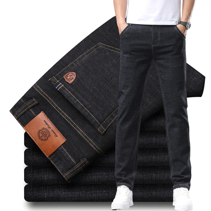 Men's classic blue premium cotton denim jeans, structured fit, essential casual wear