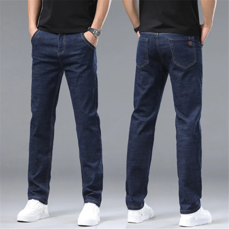 Detailed shot of the durable fabric and stitching on men's black cotton denim jeans