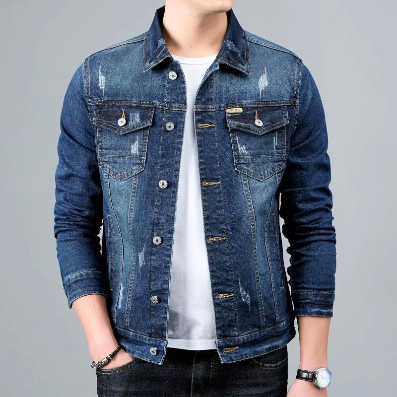 Men's classic blue tapered denim jacket, perfect for casual wear and stylish outerwear