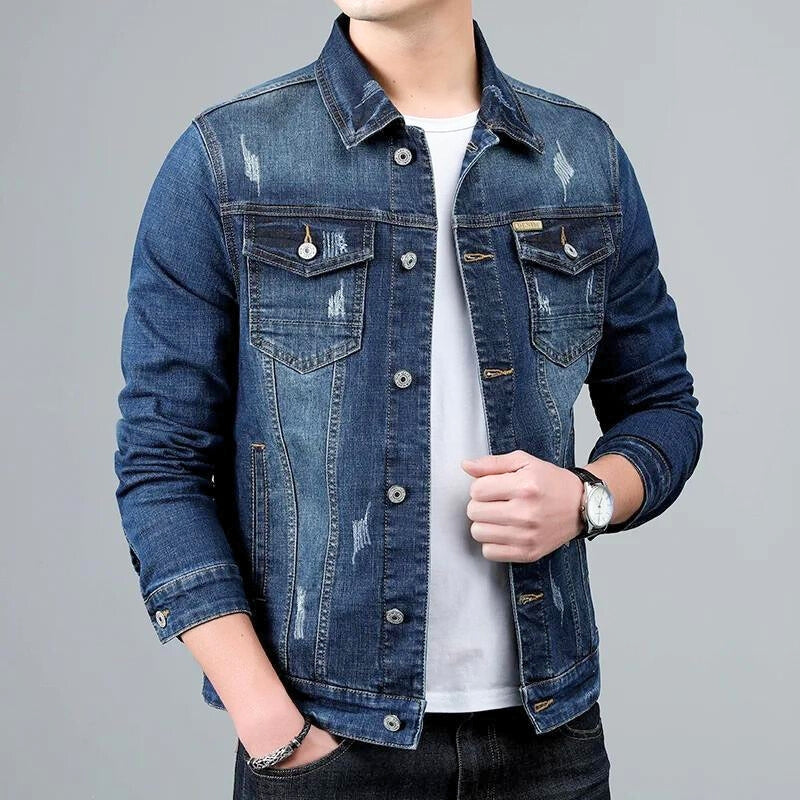 Stylish men's gray tapered denim jacket with button-front, ideal for everyday fashion