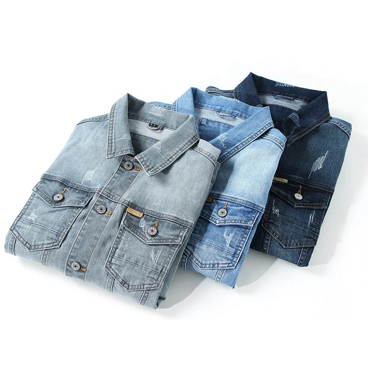 Gray men's tapered denim jacket with pockets, combining comfort and contemporary men's fashion