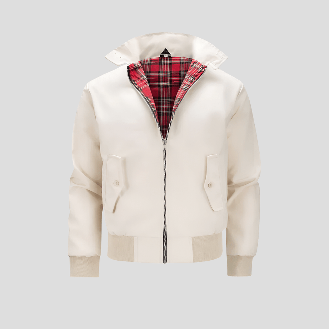 Men's classic bomber jacket with a checked lining, perfect for fall fashion.