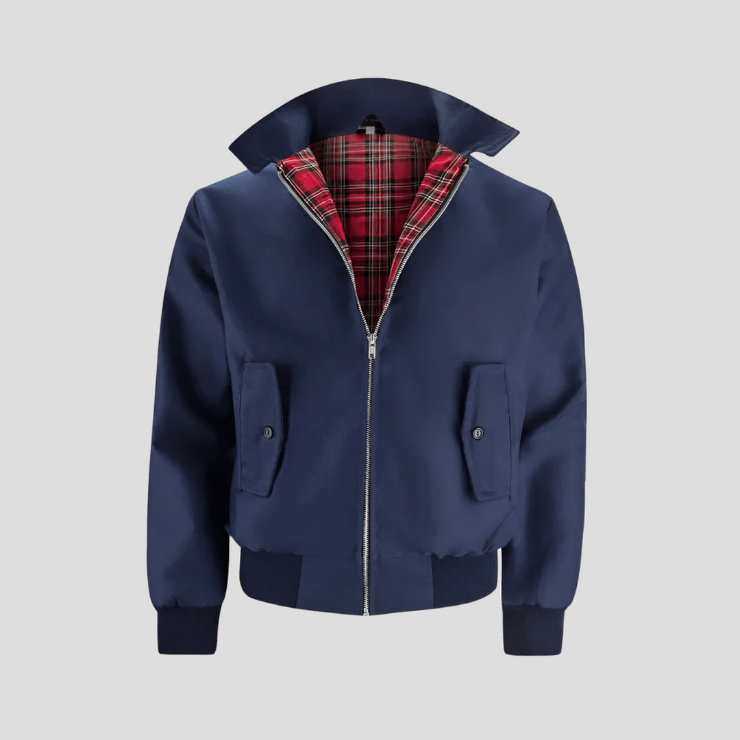 Versatile classic men's bomber jacket with a subtle checked lining, a key piece for men's outerwear fashion.