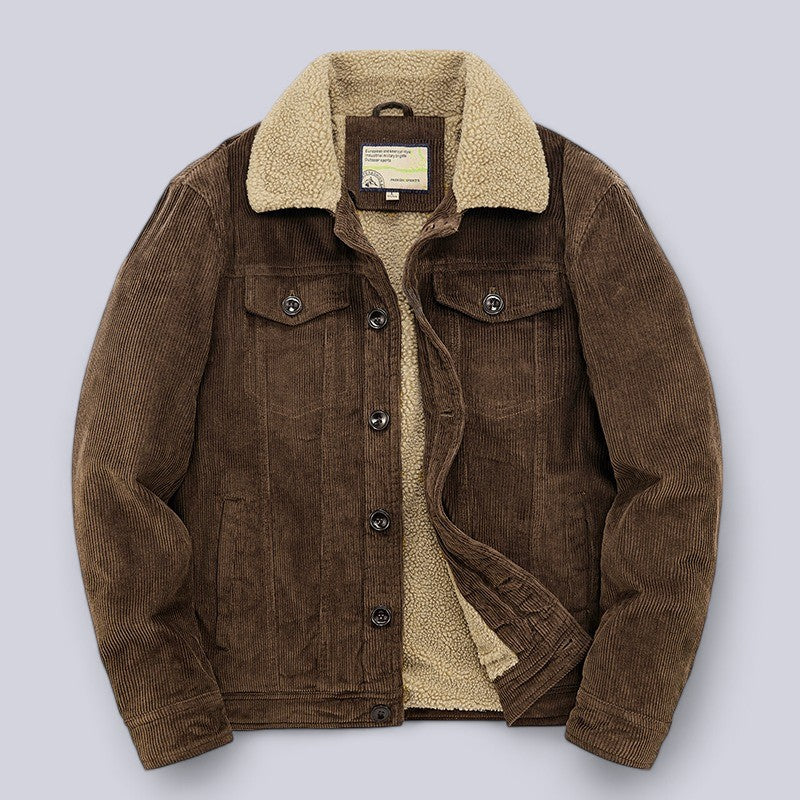 Back view of a men's corduroy jacket showing its structured fit and durable stitching for outerwear