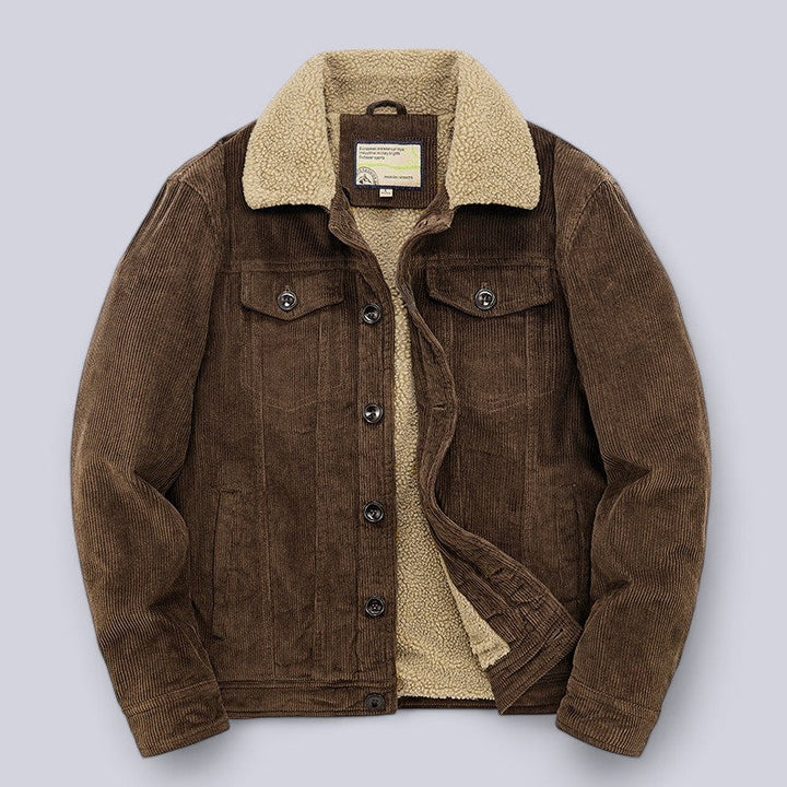 Back view of a men's corduroy jacket showing its structured fit and durable stitching for outerwear
