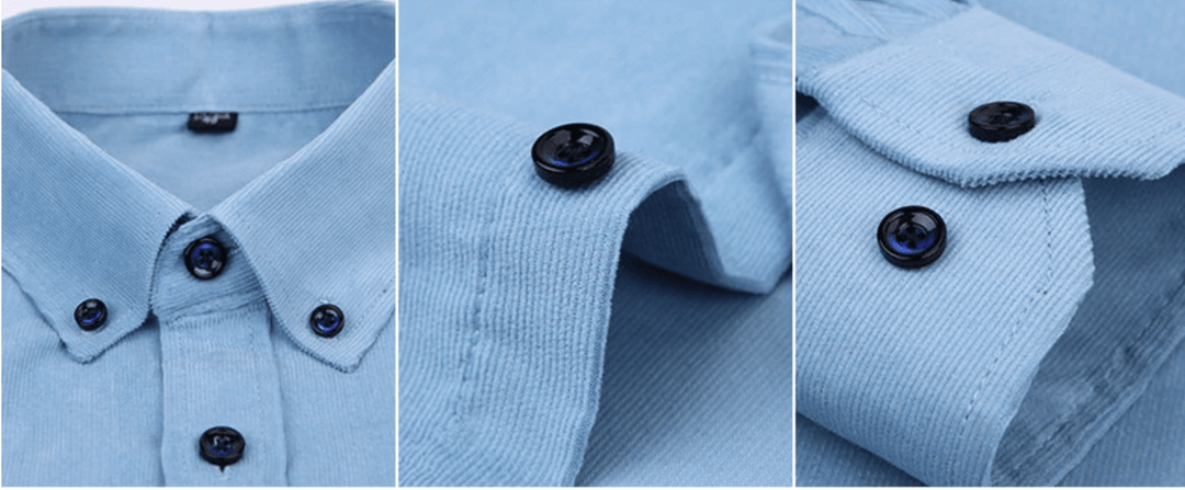 Angled view of a men's corduroy shirt, emphasizing its comfortable and rugged style