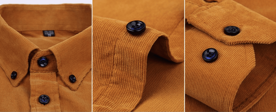 Inside collar detail of a men's corduroy button-up shirt, showing craftsmanship