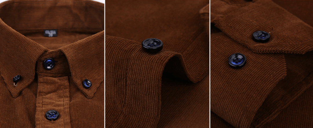 Collection of men's corduroy long sleeve shirts in various fall colors, menswear essential
