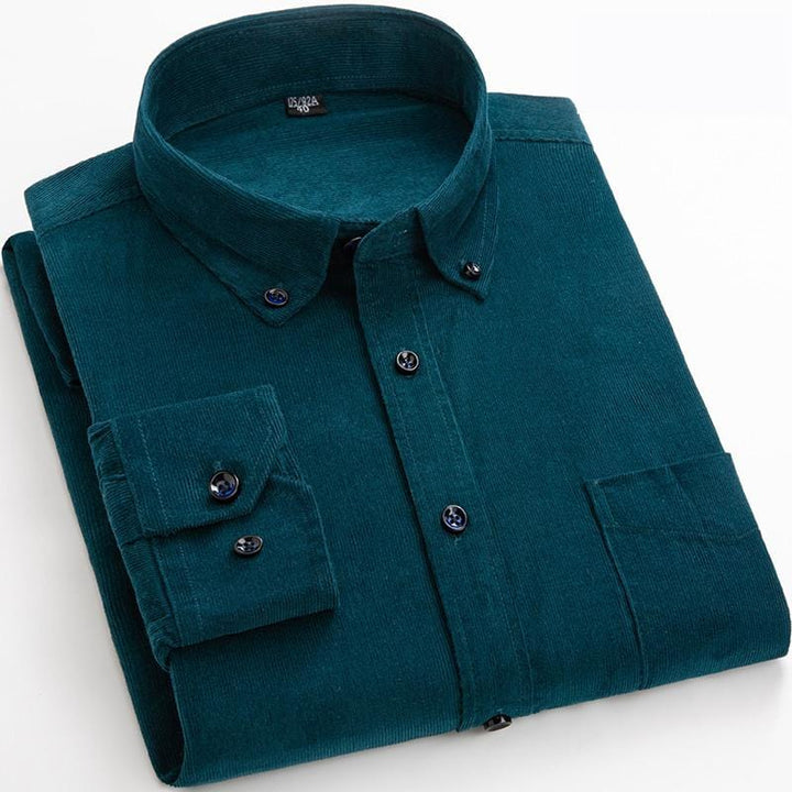Stylish man wearing a long sleeve corduroy shirt, showcasing its casual versatile design