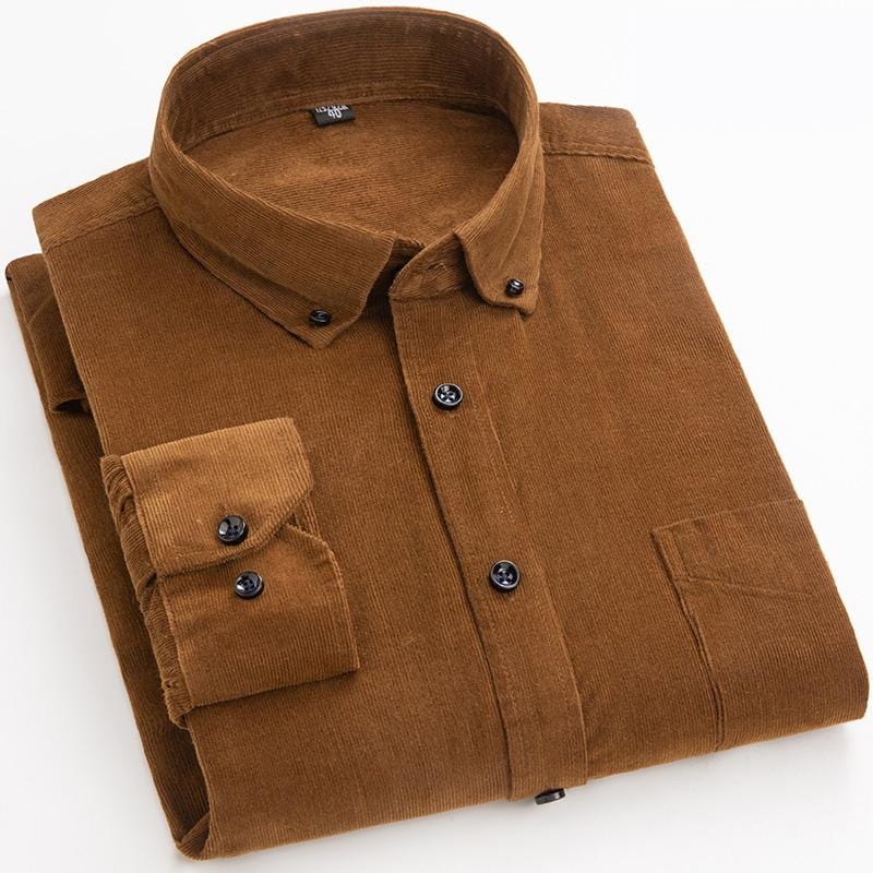 Detail of the buttons on a men's corduroy long sleeve shirt, demonstrating quality
