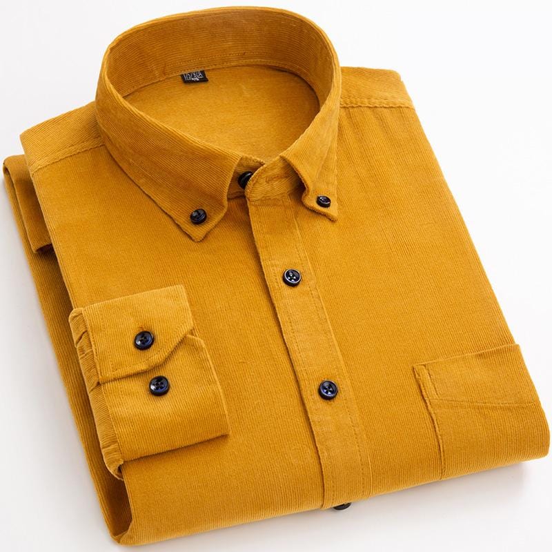 Folded men's cotton corduroy shirt, ready for display, highlighting its soft texture