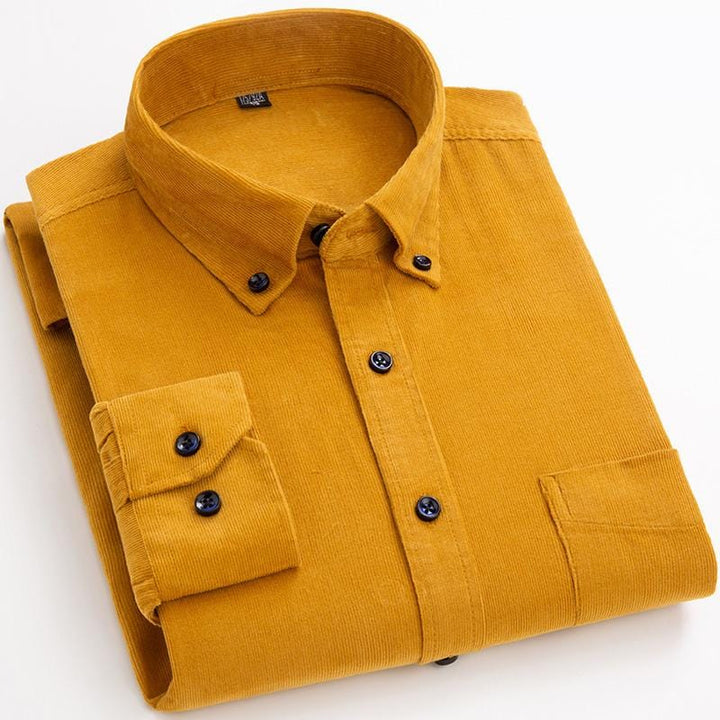 Folded men's cotton corduroy shirt, ready for display, highlighting its soft texture
