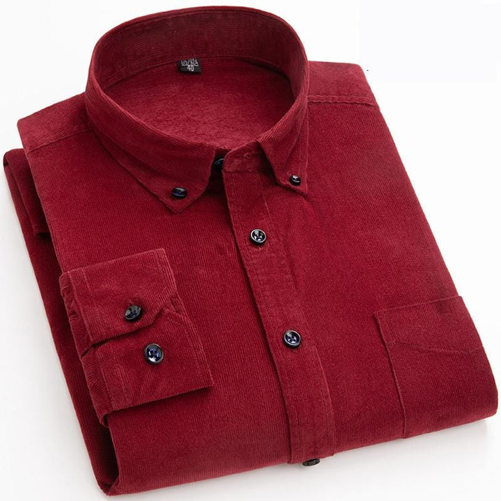 Back view of a men's durable corduroy long sleeve shirt, ideal for outdoor activities