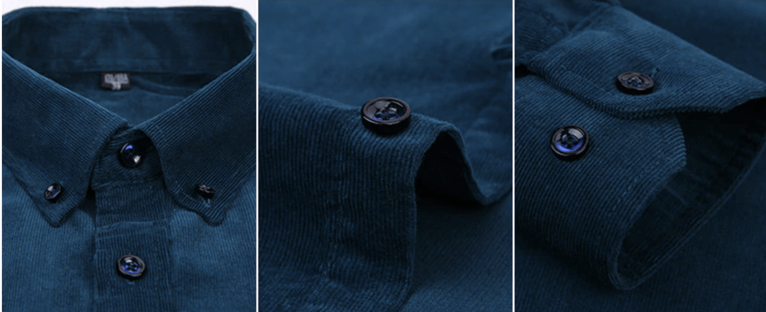 Hanging men's corduroy long sleeve shirt, showing its full length and relaxed fit