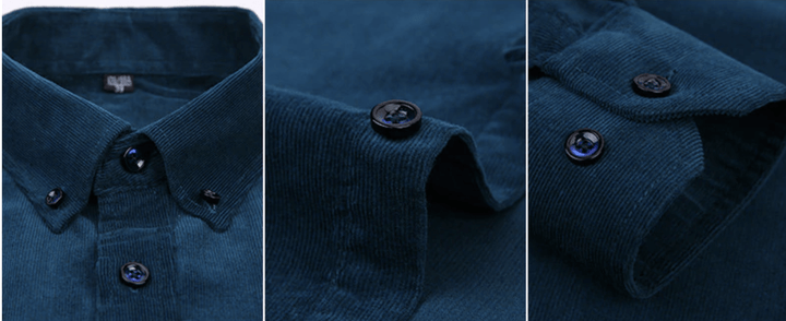 Hanging men's corduroy long sleeve shirt, showing its full length and relaxed fit