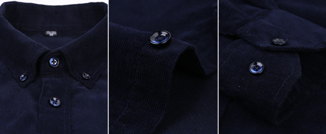 Texture shot of the ribbed corduroy fabric on a men's button-up shirt, very soft cotton