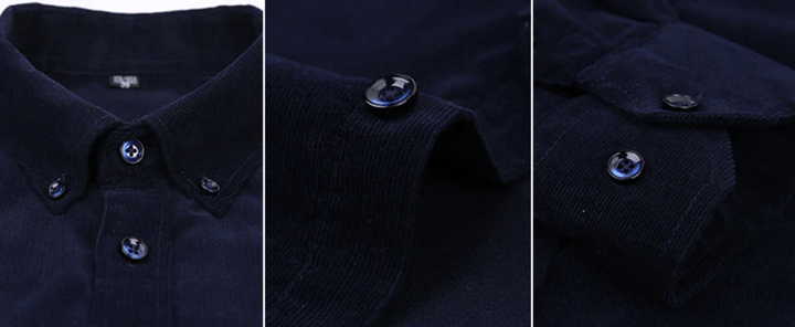 Texture shot of the ribbed corduroy fabric on a men's button-up shirt, very soft cotton