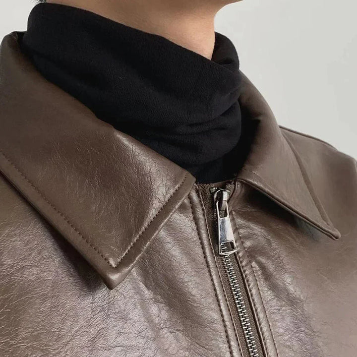 Men's classic brown faux leather bomber jacket, front view, for stylish casual wear.