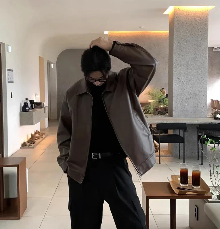 Men's classic brown faux leather bomber jacket, front view, casual outerwear, timeless style