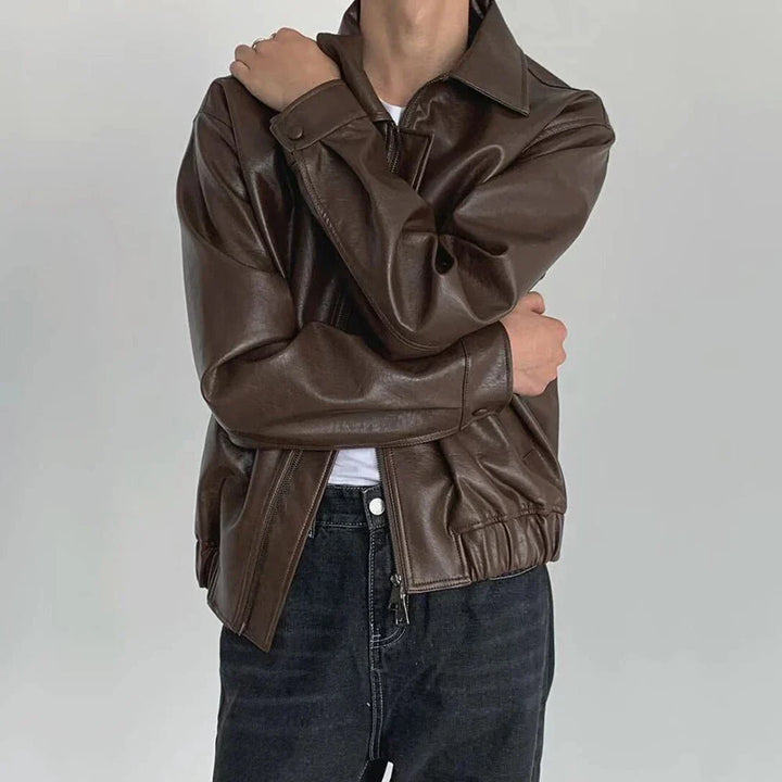 Faux leather bomber jacket in brown, side profile, showcasing a sleek fit for mens fashion.