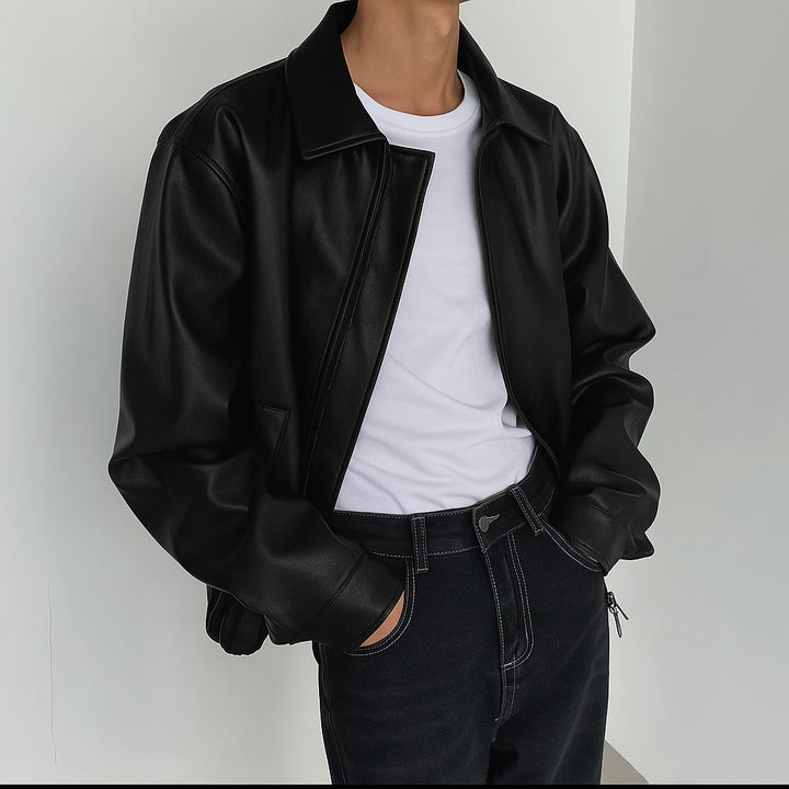 Stylish men's black faux leather bomber jacket, versatile outerwear for casual occasions.