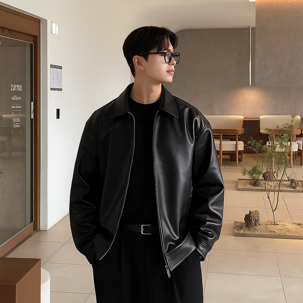 Man wearing a timeless brown faux leather bomber jacket, showcasing its casual fit and style