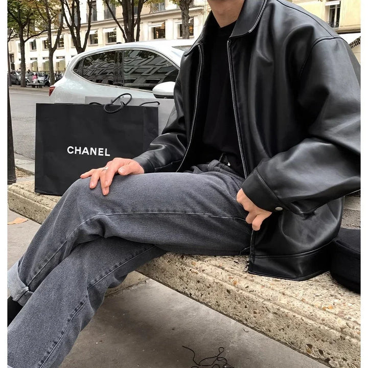 Versatile black men's faux leather bomber jacket, ideal outerwear for classic casual looks