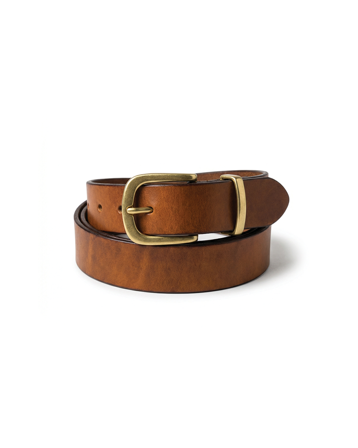 Men's classic brown full-grain leather everyday belt with silver buckle