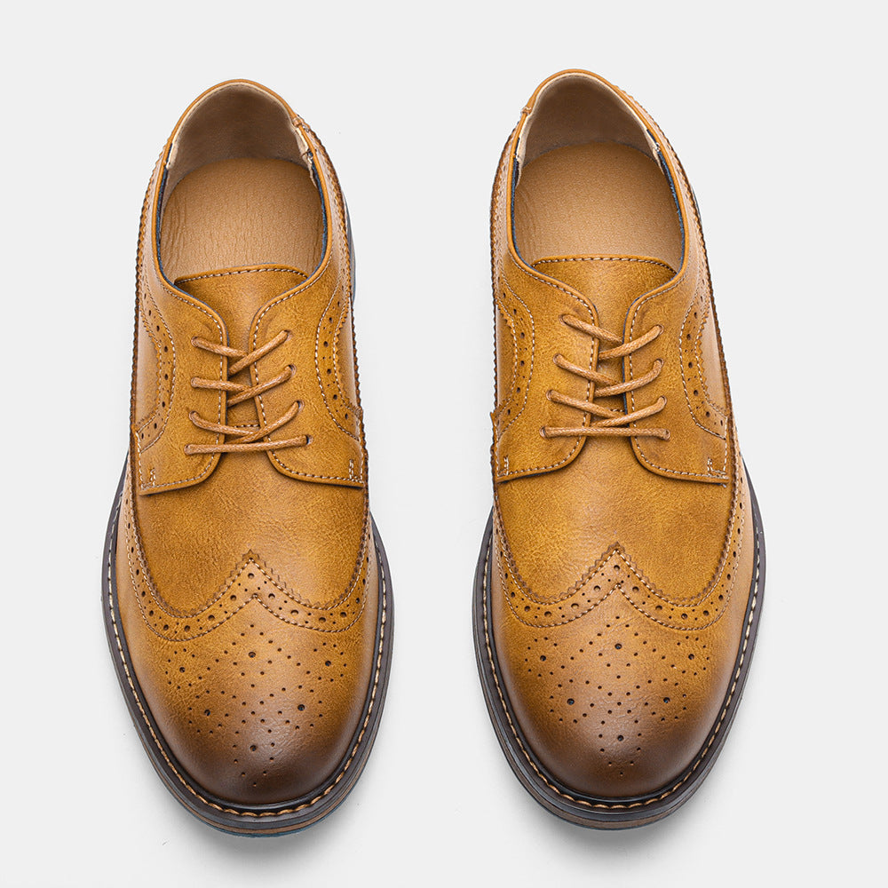 Detail of the wingtip design on men's classic leather brogue dress shoes, sophisticated formal footwear